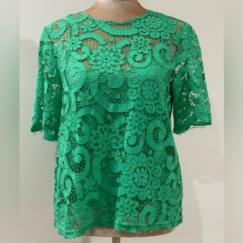 Nanette Lepore Emerald Green Lace Short Sleeve Bow Back Lined Blouse Top Small